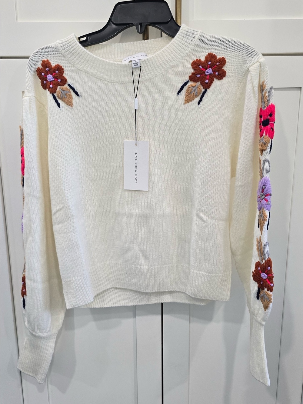 Something Navy Cream Floral-Embroidered Cowlneck Sweater